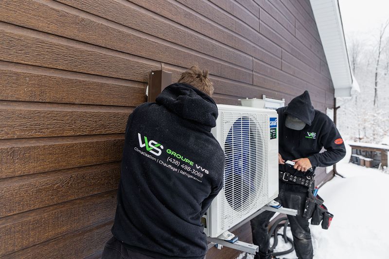 Techniciens Groupe VVS installant une thermopompe sur l'extérieur d'une maison en hiver