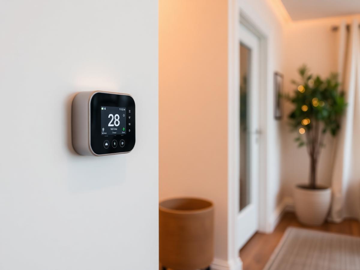 Thermostat intelligent moderne sur mur clair