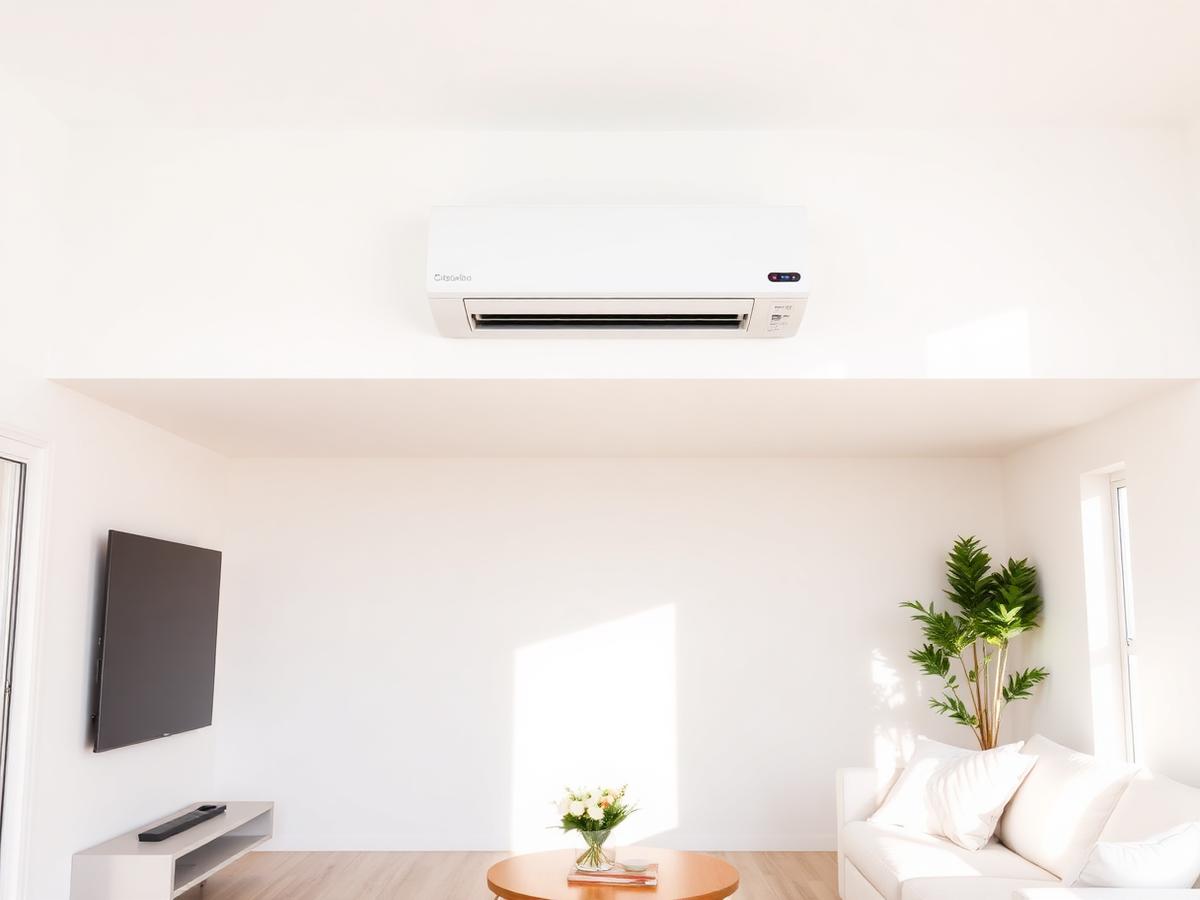 Climatiseur mural installé dans un salon lumineux