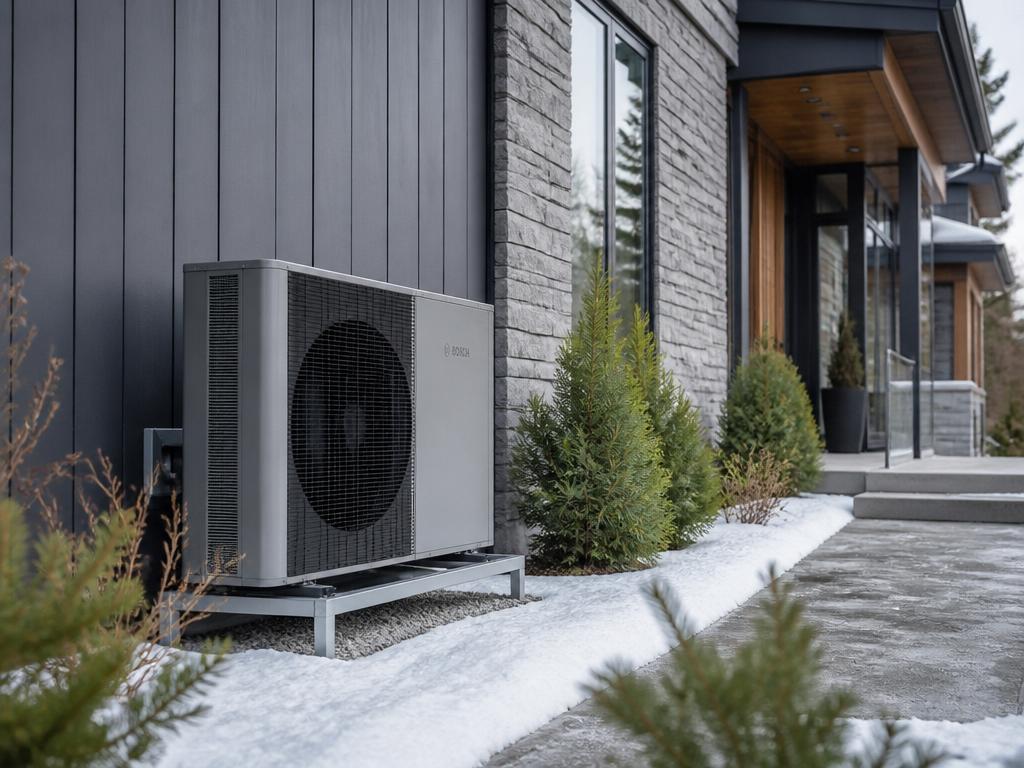 Thermopompe résidentielle installée à l'extérieur d'une maison moderne en hiver